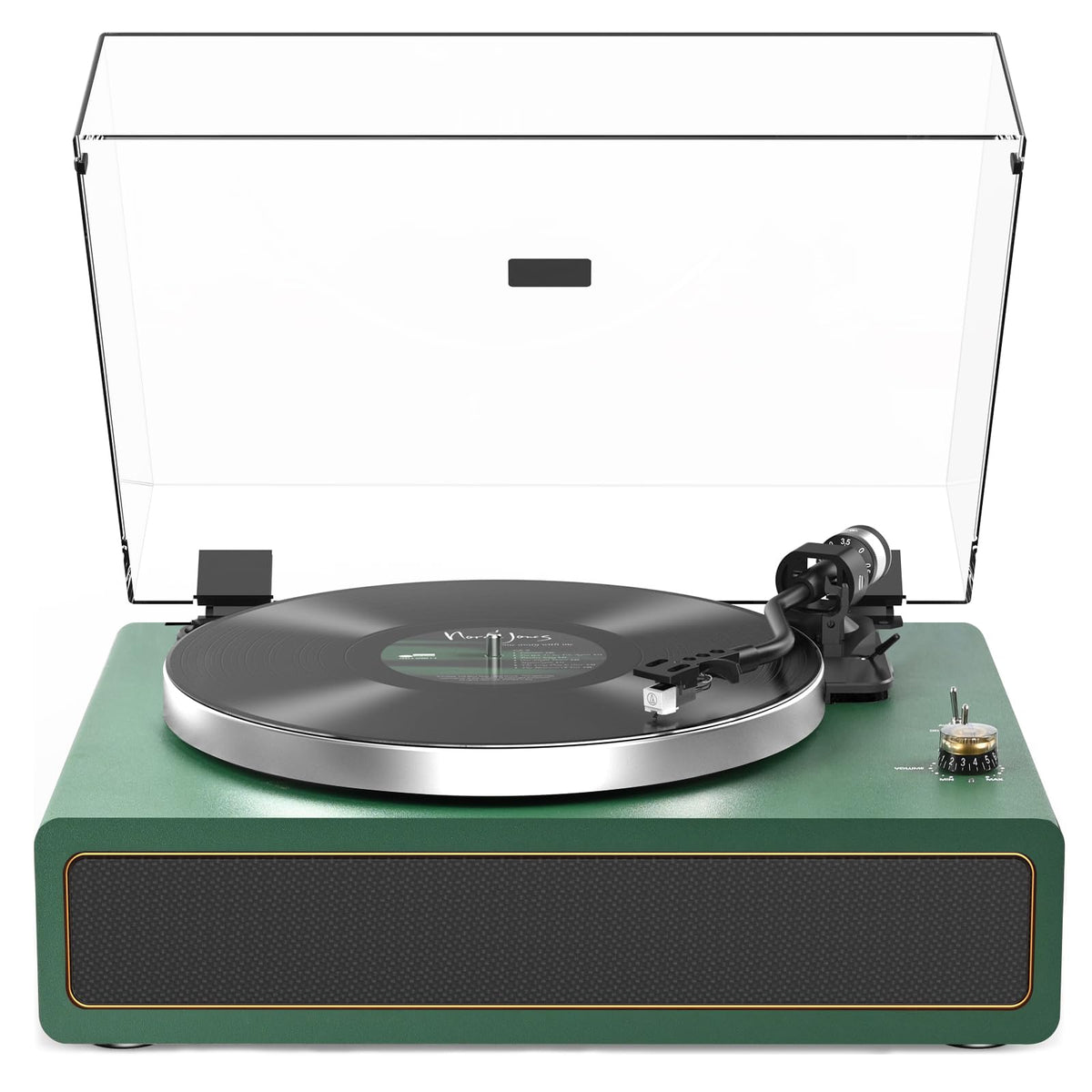 Seasonlife turntable green front view with built-in speakers delivering rich sound.