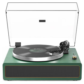 Seasonlife turntable green front view with built-in speakers delivering rich sound.