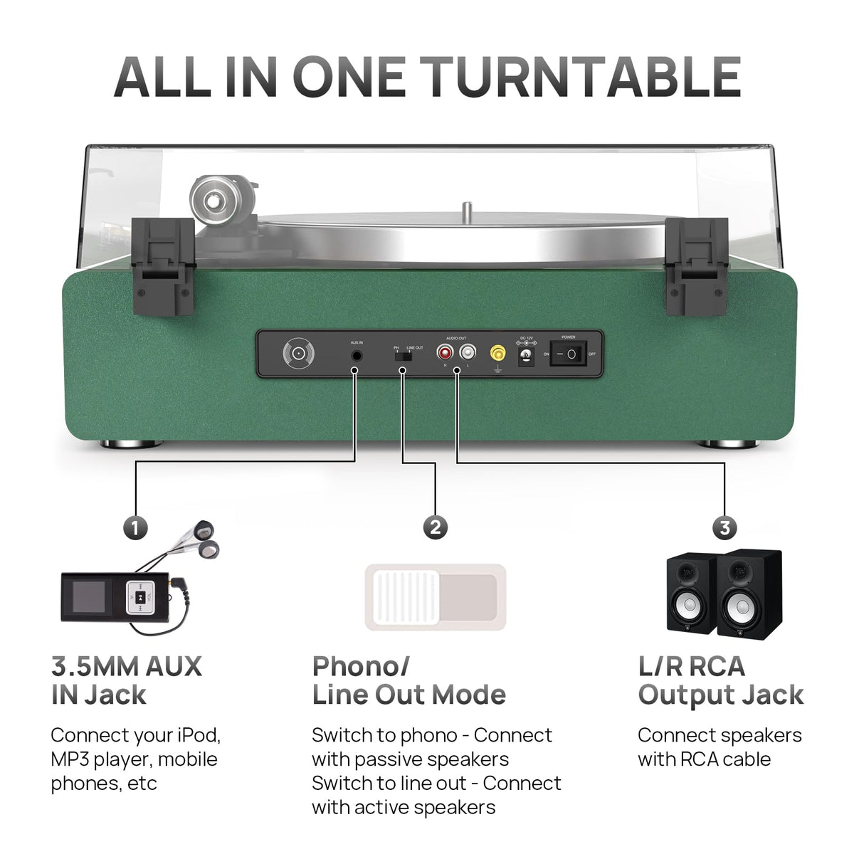 Seasonlife turntable LINE OUT enables external speaker connection for bigger sound.