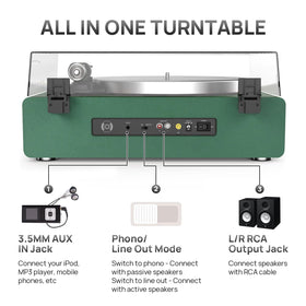 Seasonlife turntable LINE OUT enables external speaker connection for bigger sound.