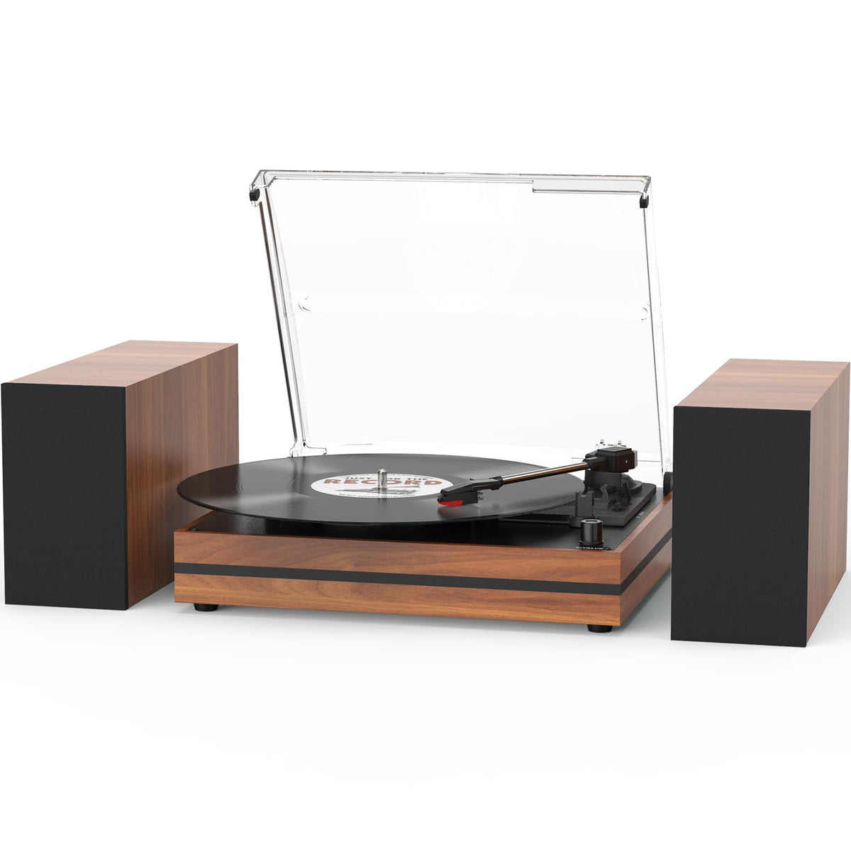 Seasonlife vintage turntable with a red wood finish for cozy listening spaces.