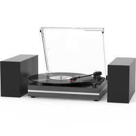 Seasonlife vinyl turntable with external speakers shows belt-drive playback for warm, clear sound.