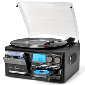 Seasonlife vinyl turntable with built-in speakers delivering rich sound.