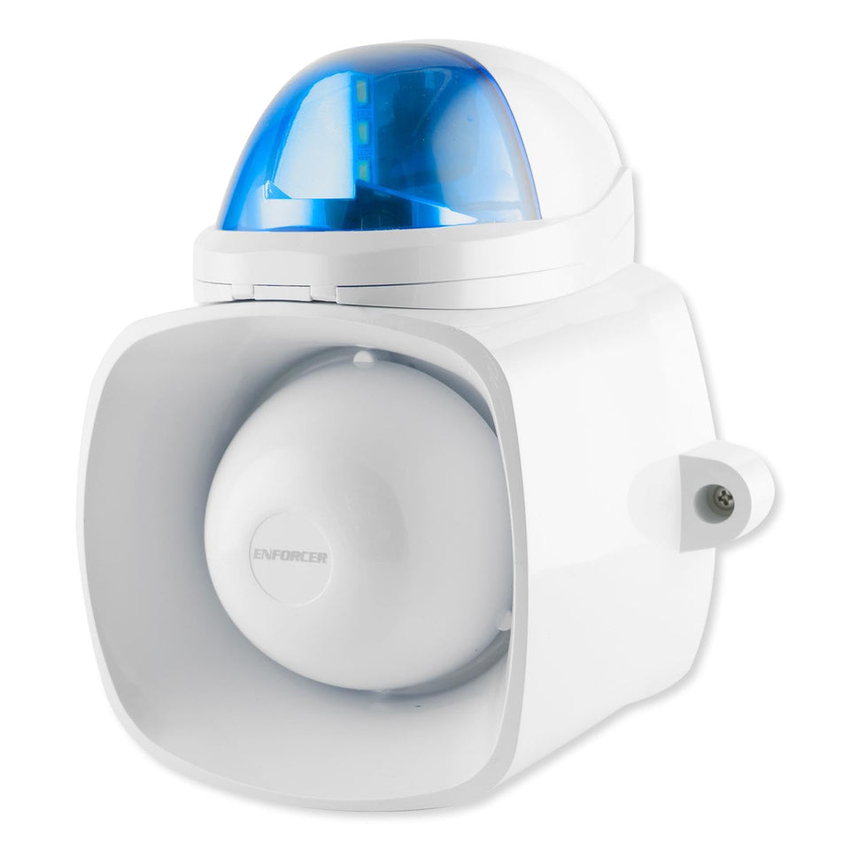 Seco-Larm Enforcer SH-816S-SQ/B blue siren and strobe front view for outdoor deterrence