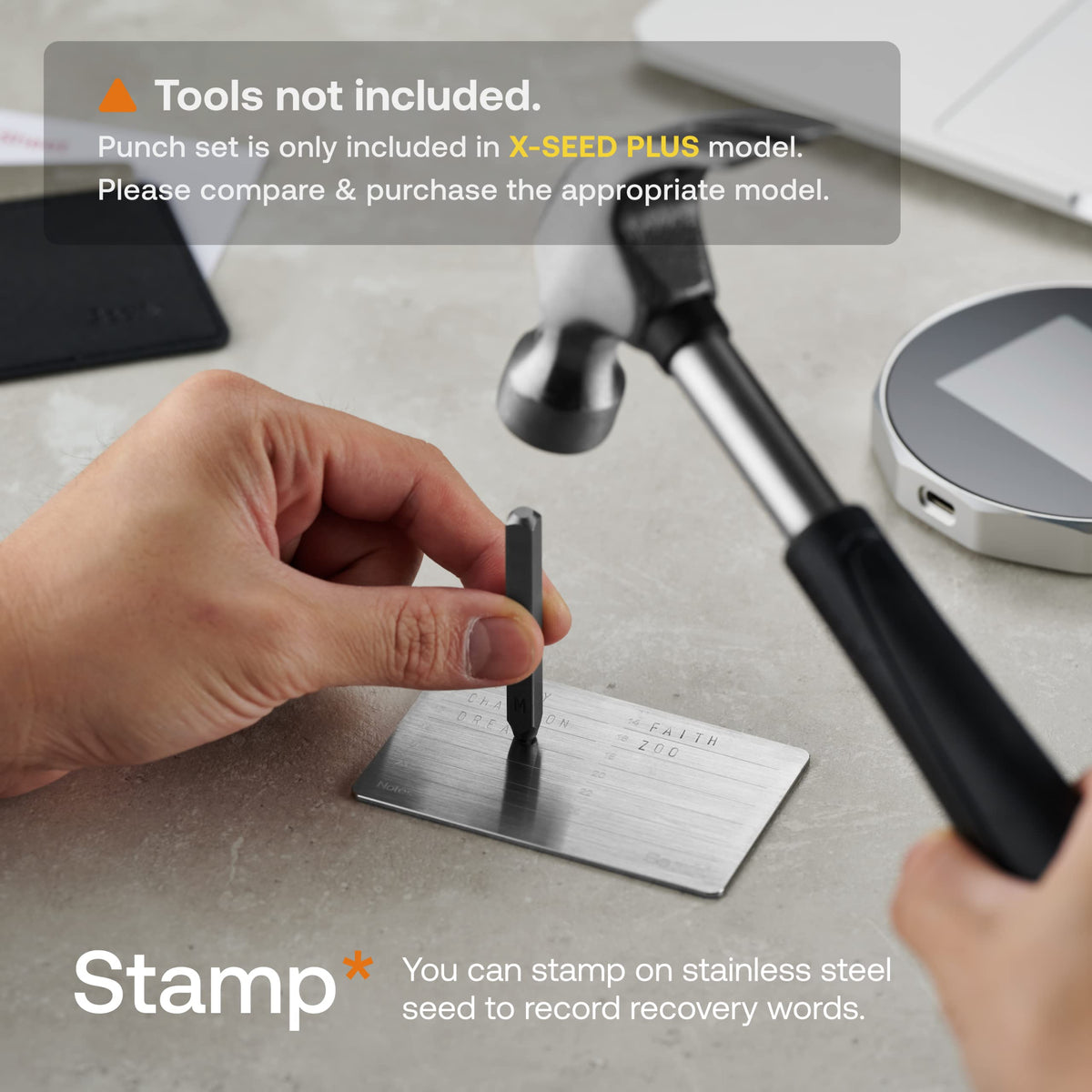 SecuX XSEED steel seed plate back view with tamper stickers