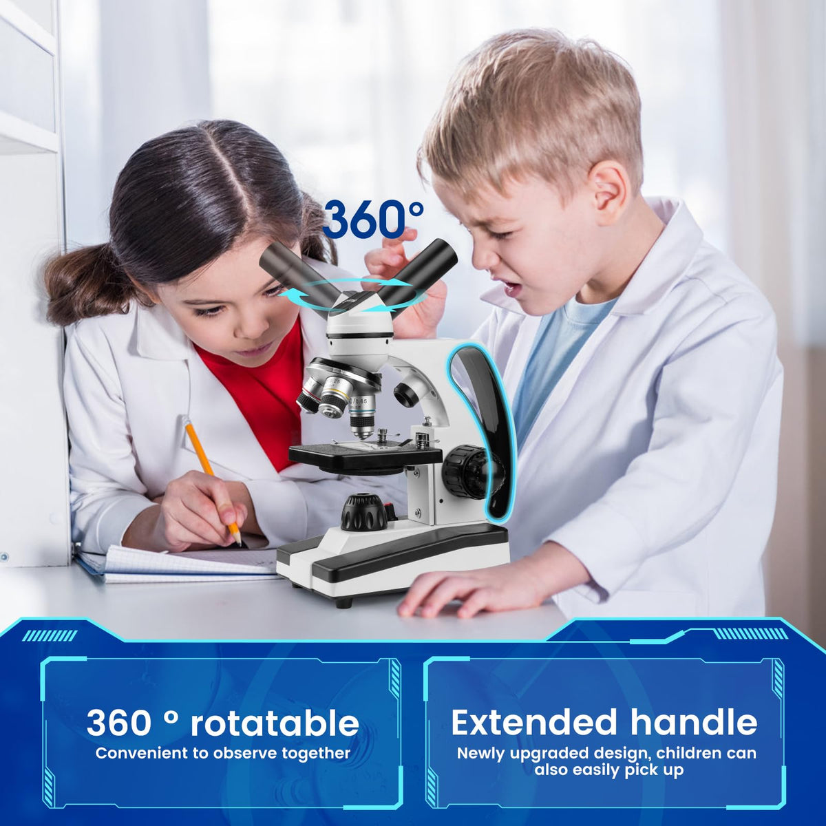 Sedumic Microscope features a 360-degree rotatable eyepiece for shared demonstrations.