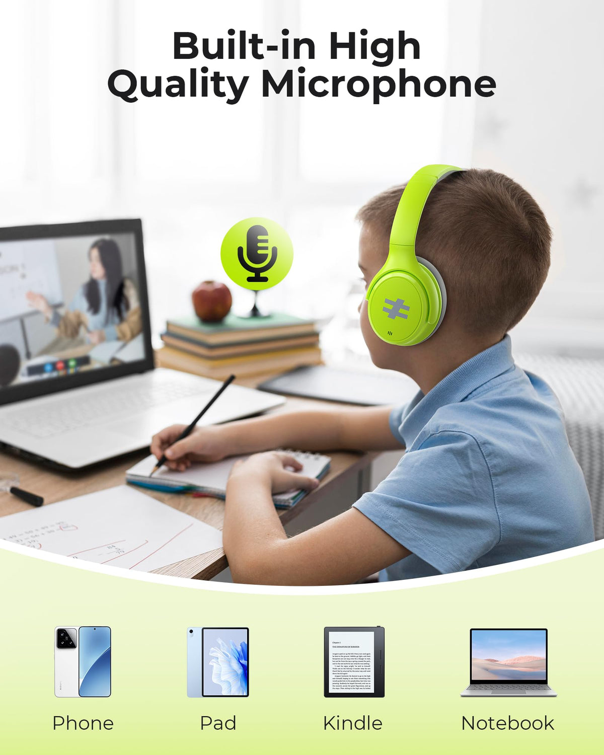 Seenda kids ANC headphones green BPA-free materials for kid safety.