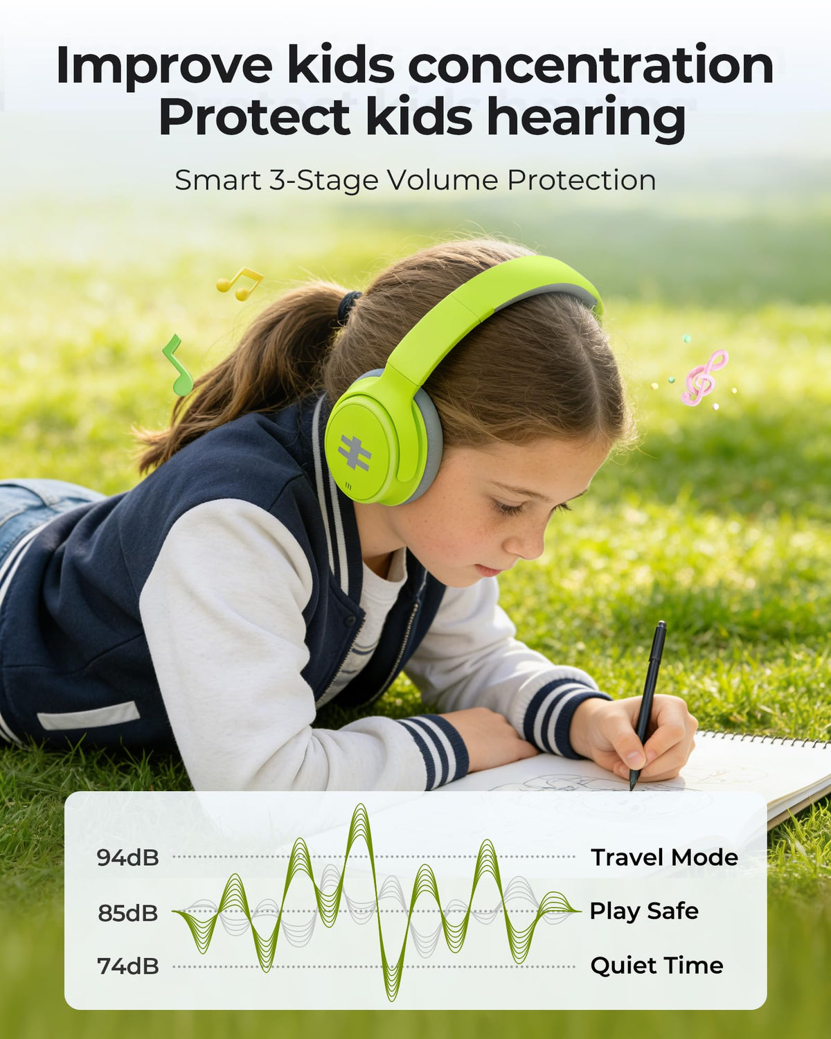 Seenda kids ANC headphones green folded for travel and easy packing.