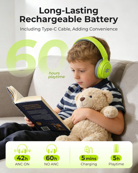 Seenda kids ANC headphones green mic close-up for clearer online calls.