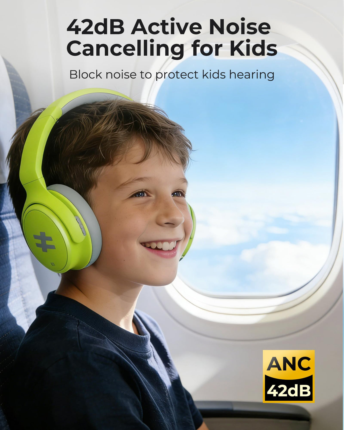 Seenda kids ANC headphones green side view with comfortable ear cups.