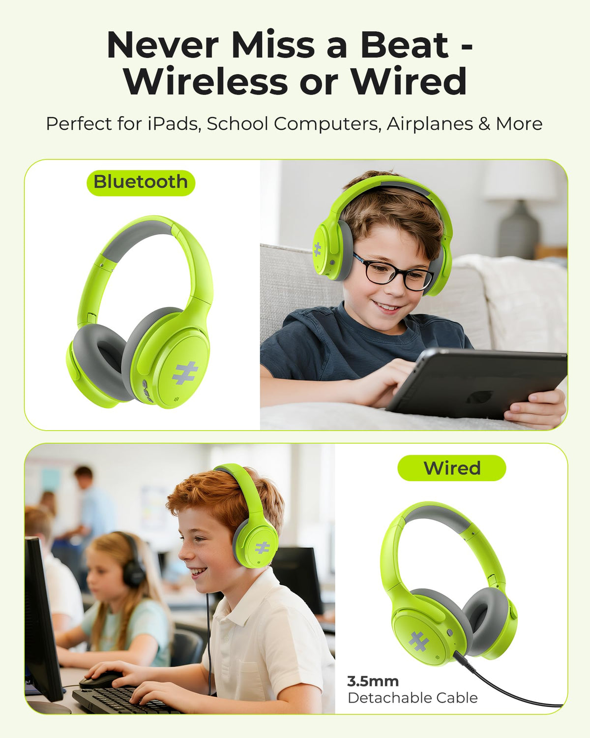 Seenda kids ANC headphones green USB-C port for fast charging.