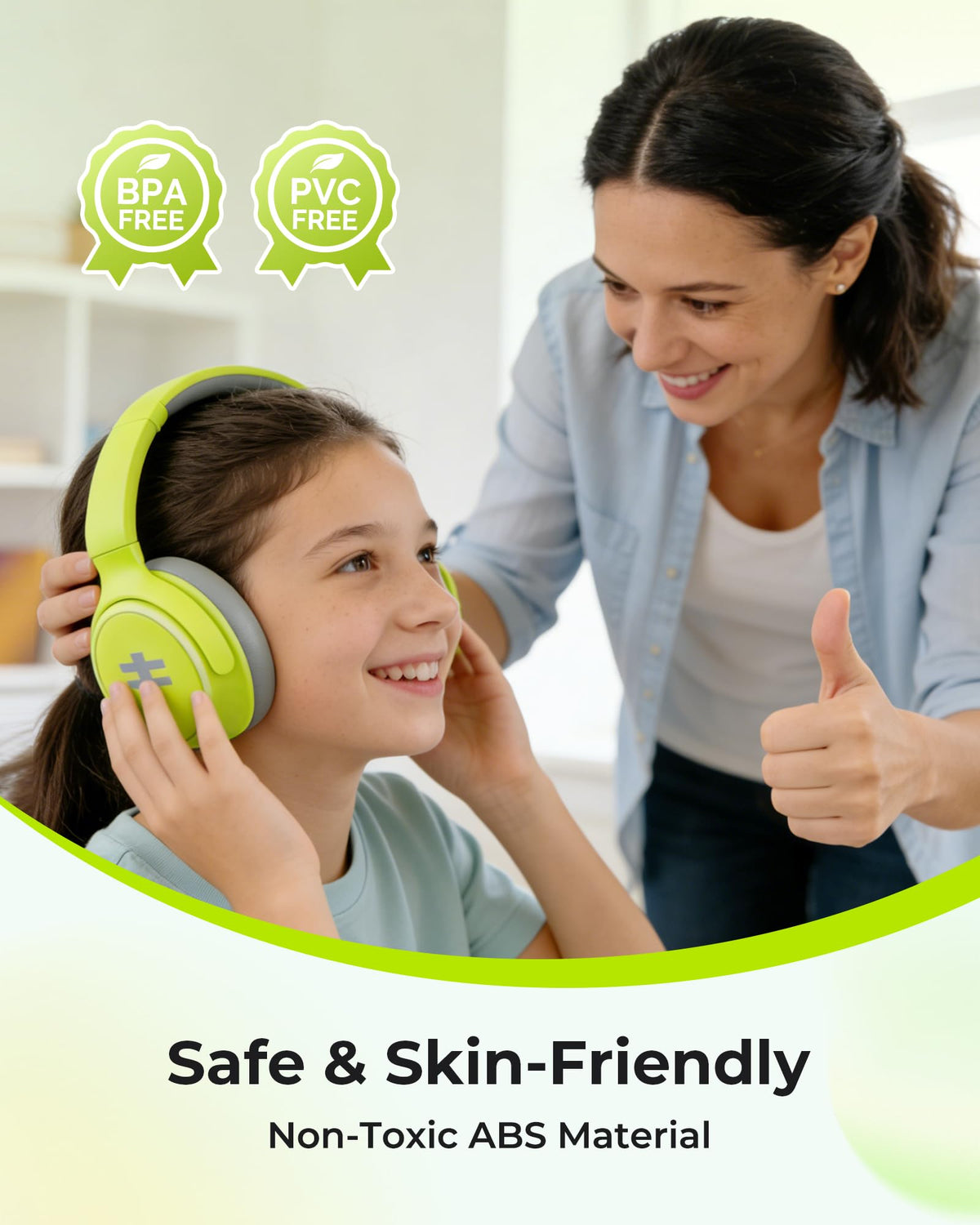 Seenda kids ANC headphones green 3-level volume control for safer listening.