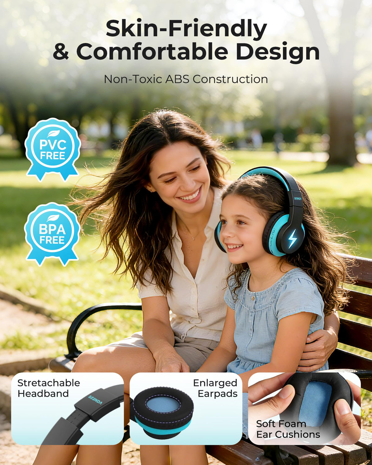 Seenda Memory-foam ear cushions provide comfortable, skin-friendly fit for kids
