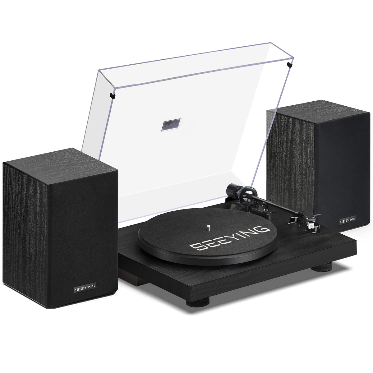 SeeYing record player front view with integrated speakers for rich vinyl playback.