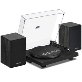 SeeYing record player front view with integrated speakers for rich vinyl playback.