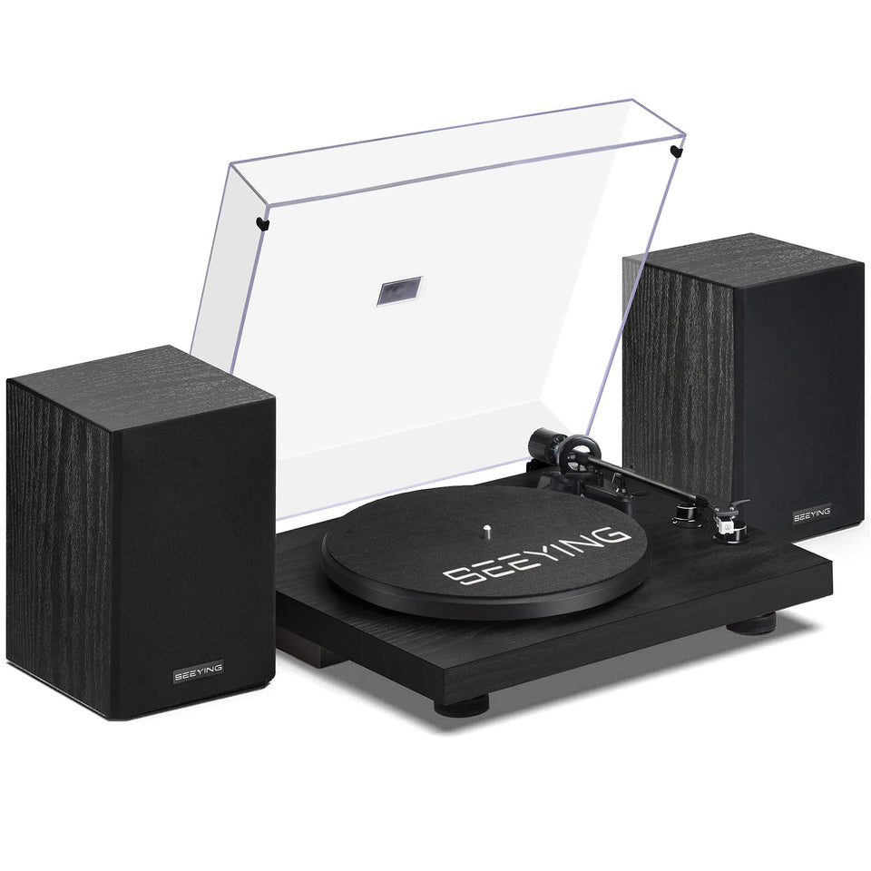 SeeYing record player front view with integrated speakers for rich vinyl playback.