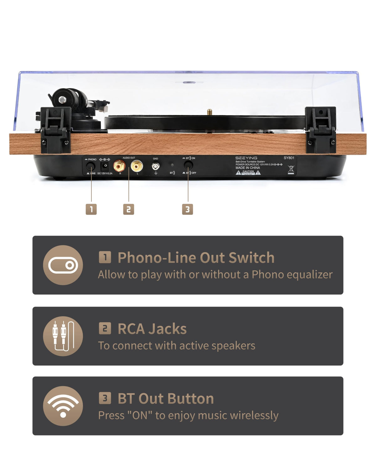 SeeYing turntable phono-line-switch showcases flexible connection to Phono or Line with external amp.