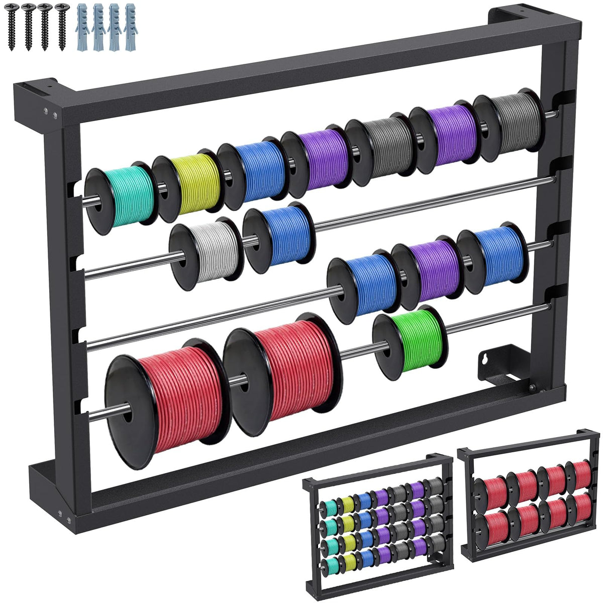SELEWARE heavy-duty spool rack wall-mount ready for organized storage and quick access.