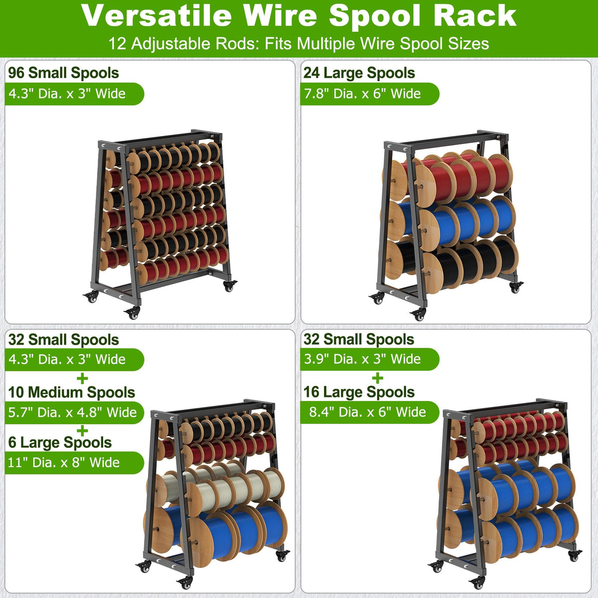 SELEWARE spool rack with locking wheels for mobile, secure cable storage.