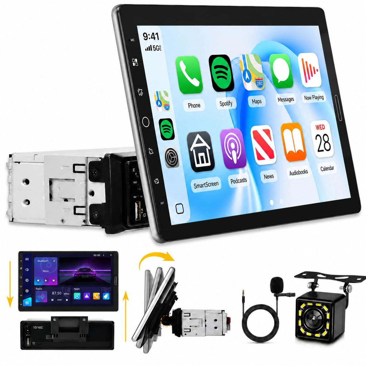 Sellrich 10.1-inch single din radio front view with detachable touchscreen