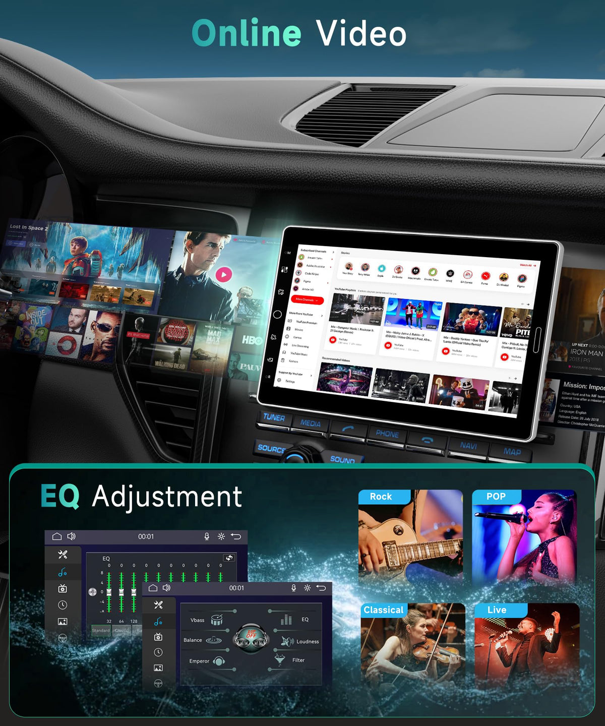 Sellrich YouTube playback on the 10.1-inch screen during drives