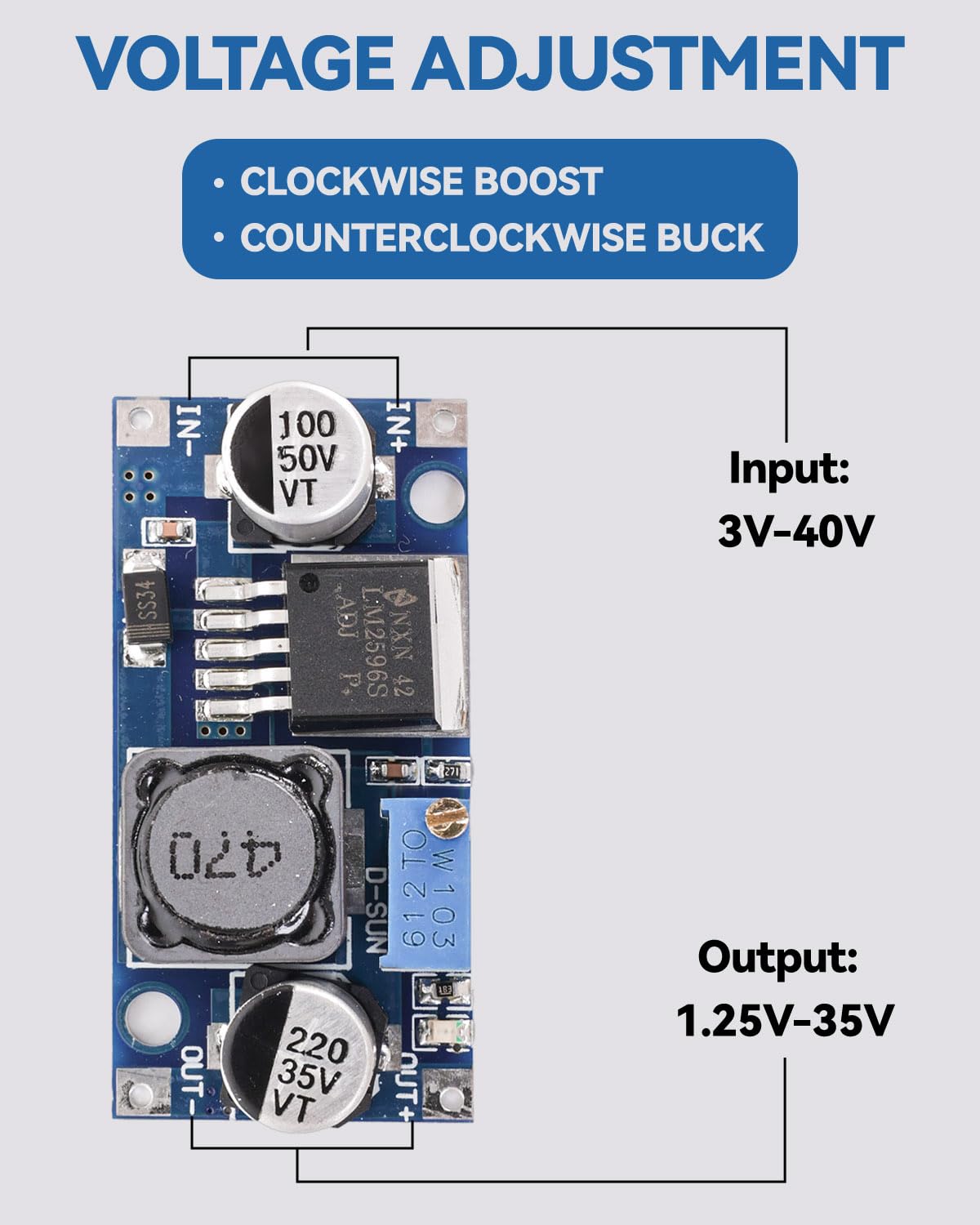 Seloky LM2596S adjustable potentiometer enables precise voltage tuning.