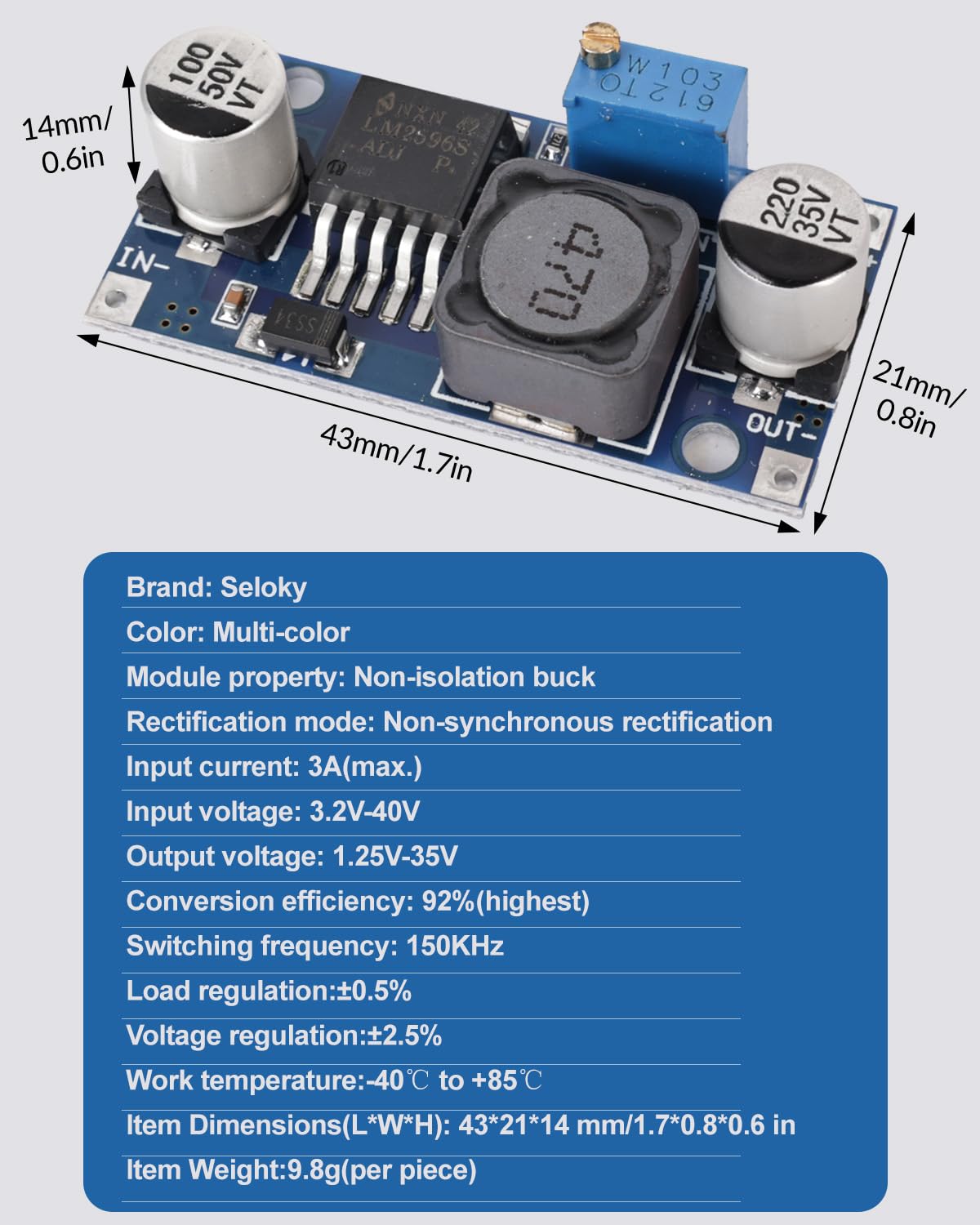 Seloky LM2596S wide input range supports 3-40V for versatile setups.