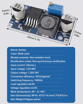 Seloky LM2596S wide input range supports 3-40V for versatile setups.