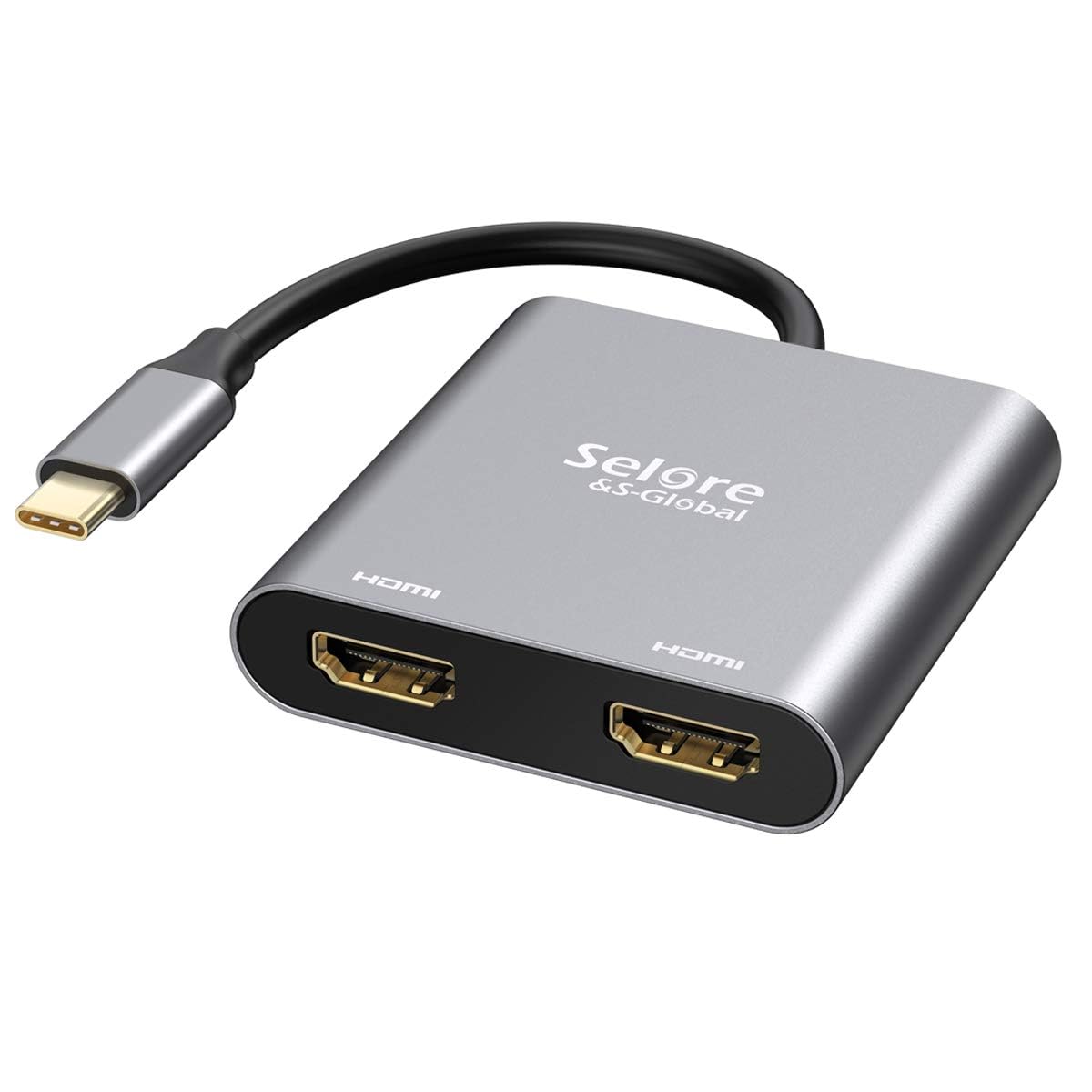Selore&S-Global adapter front view showing dual HDMI ports and Type-C connector for flexible multi-display use