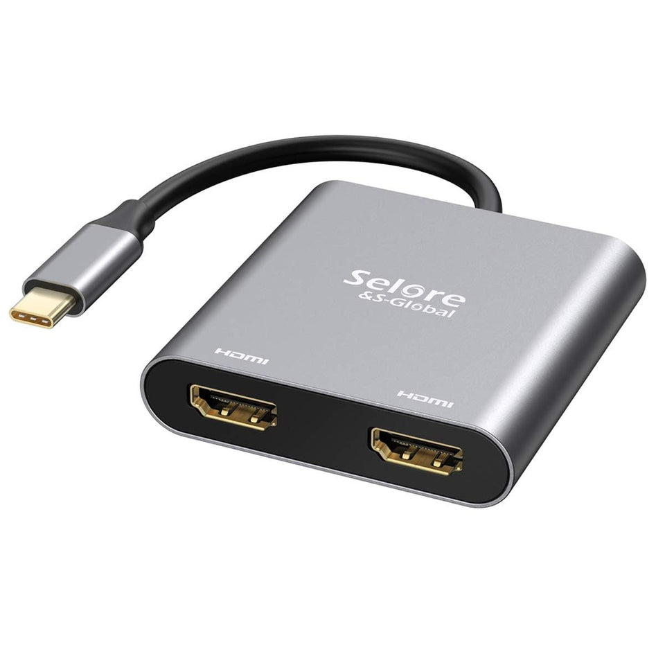 Selore&S-Global adapter front view showing dual HDMI ports and Type-C connector for flexible multi-display use
