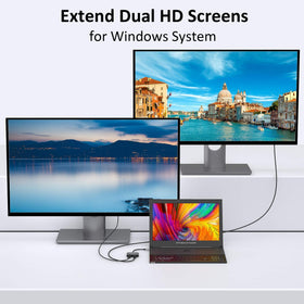 Selore&S-Global adapter plugged into MacBook with two external monitors for a multitasking workspace
