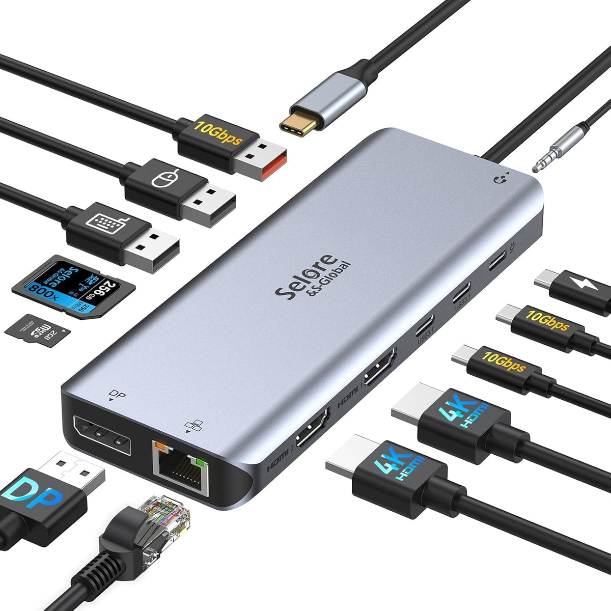 Selore&S-Global docking station front view showing all ports and compact design for tidy workspaces