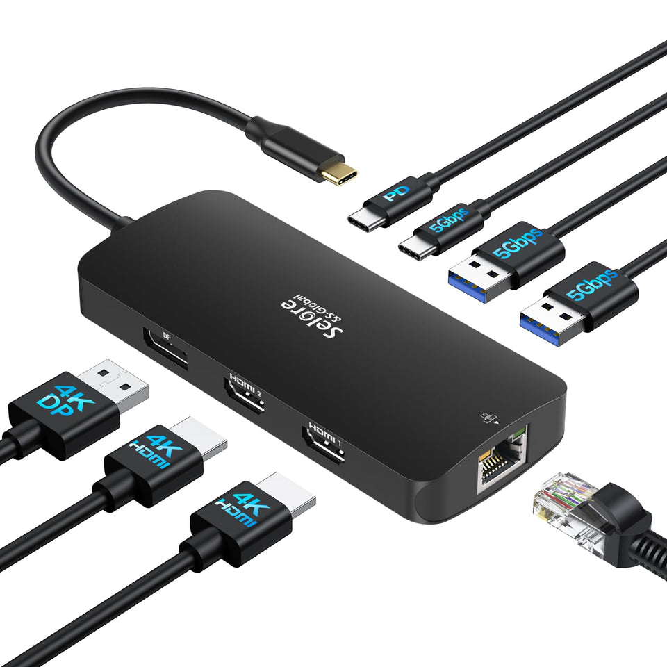 Selore&S-Global docking station front view showing ports and compact design benefit
