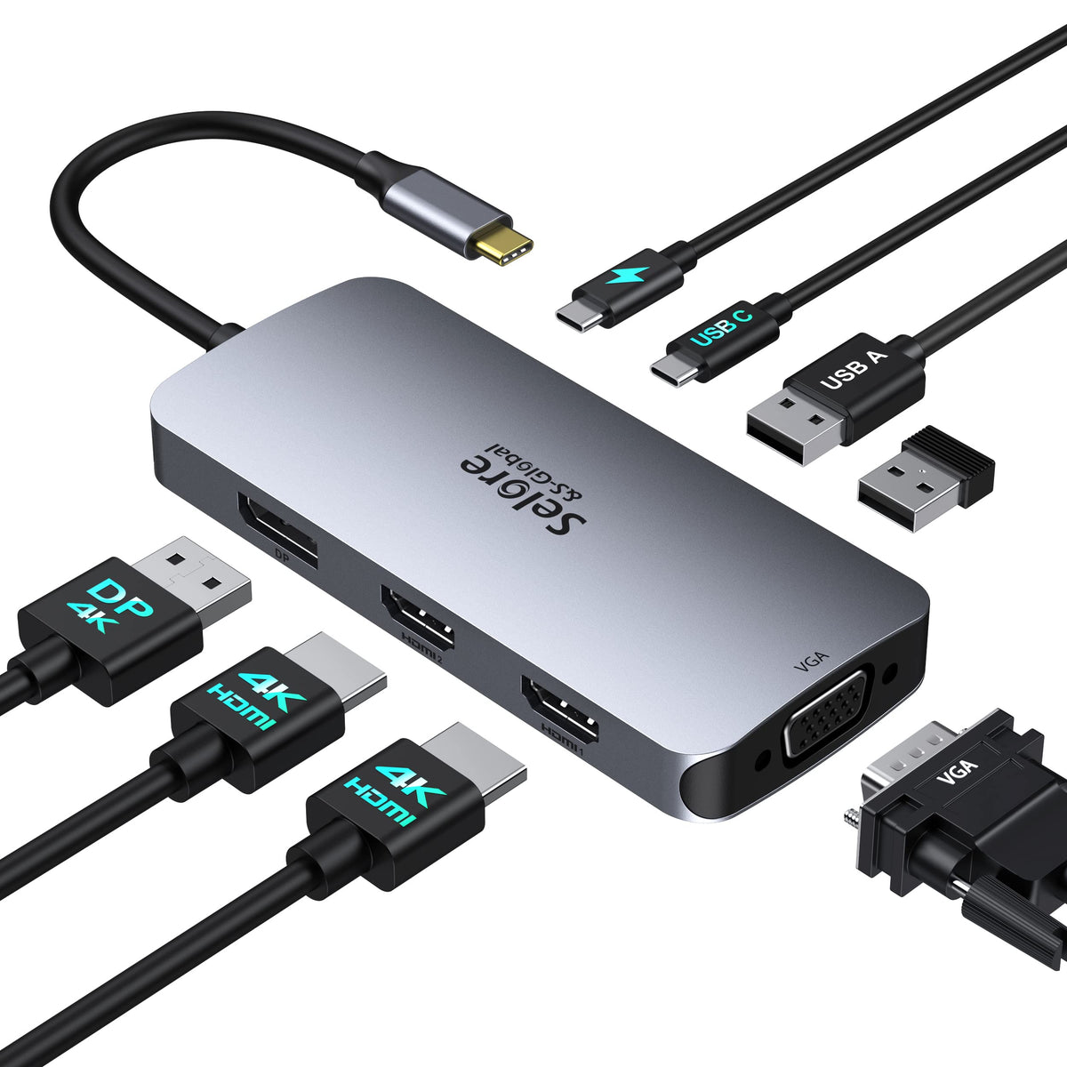 Selore&S-Global docking station front view showing ports and compact design benefit