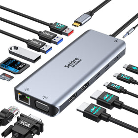 Selore&S-Global docking station front view showing all ports and organized workspace benefit