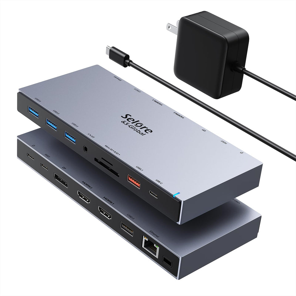 Selore S-Global docking station front view for a 3-monitor setup, boosting productivity.
