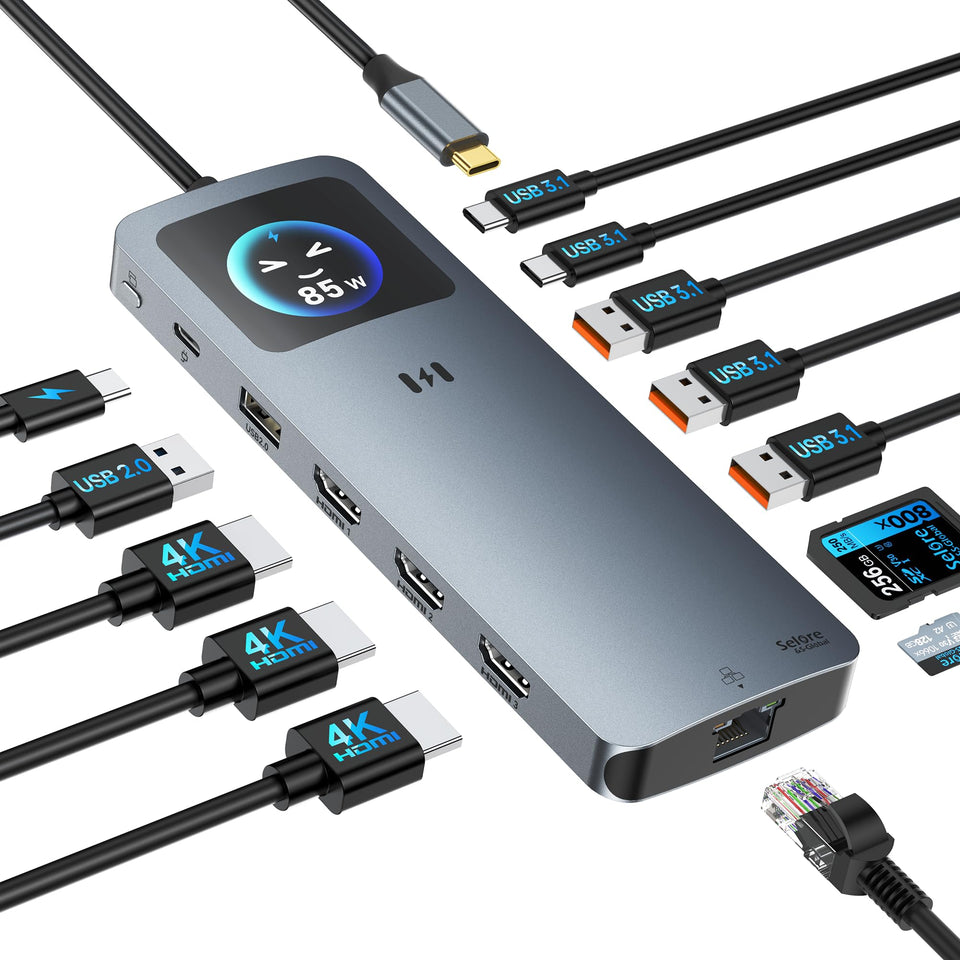 Selore S-Global docking station front view showing triple HDMI for multitasking
