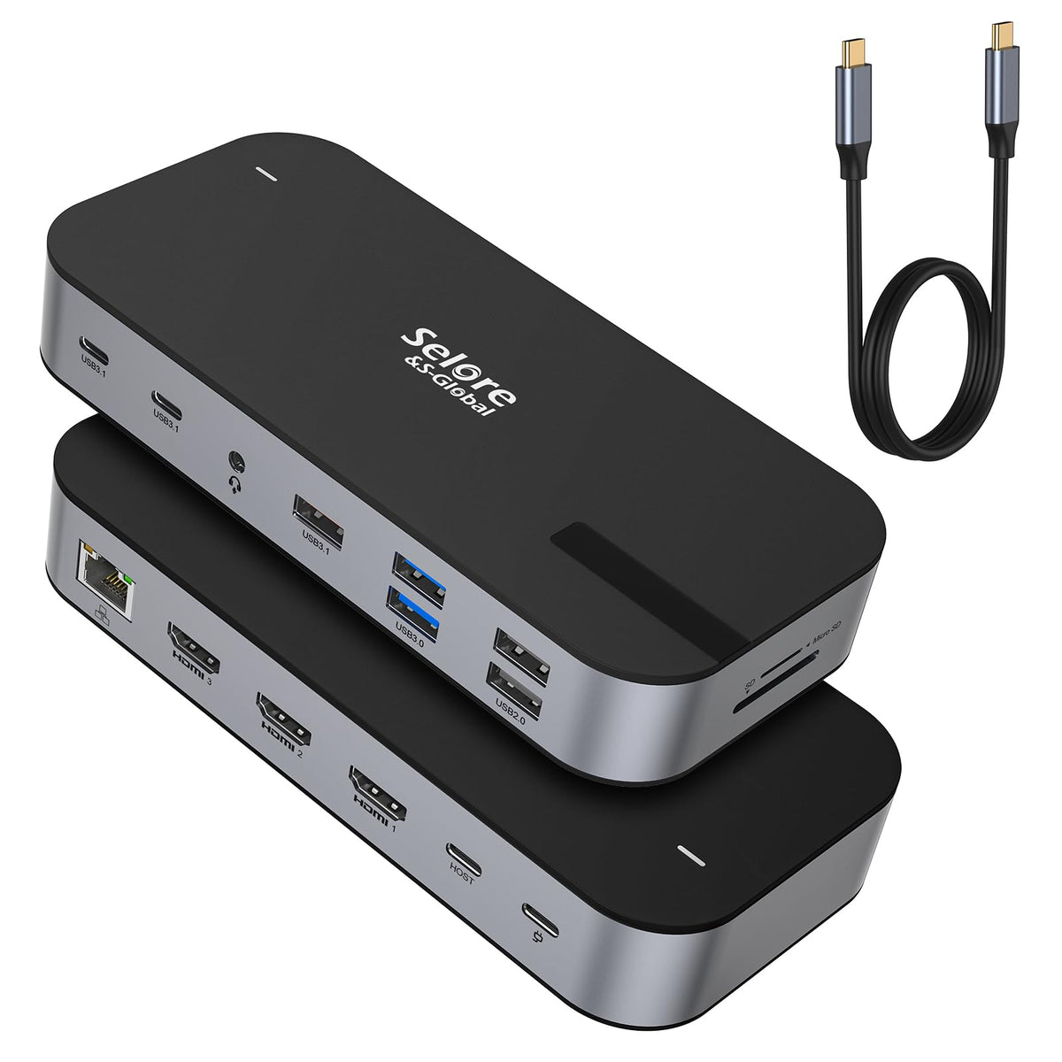 Selore&S-Global USB-C dock powering a triple-monitor setup for multitasking.