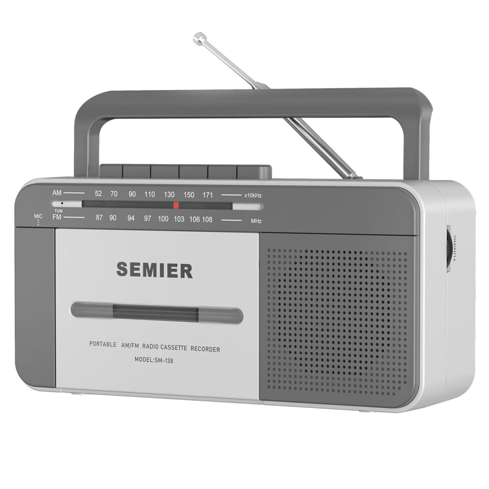 SEMIER front view showing cassette player and radio, showcasing vintage style and portability