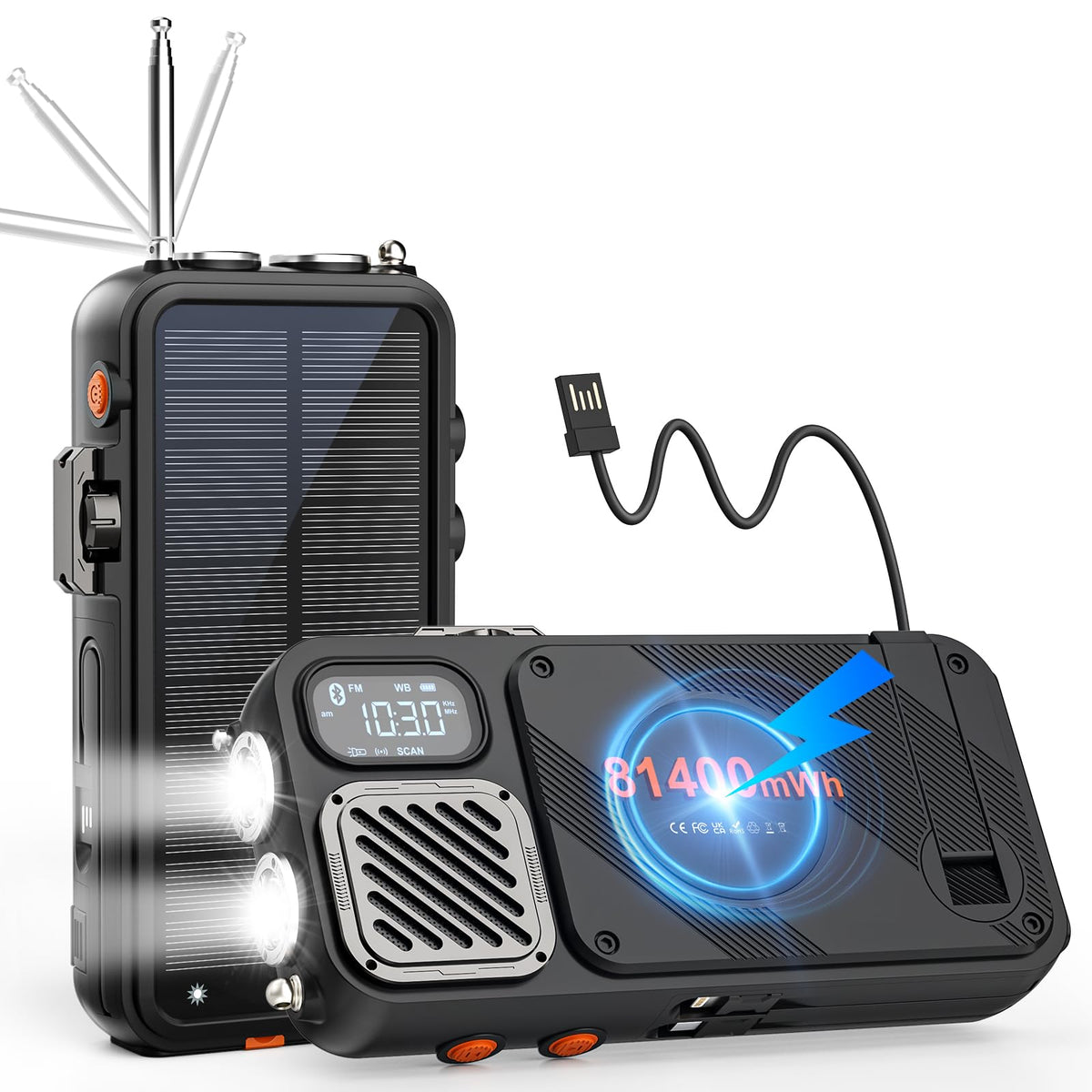 Semmorn front view showing radio and power bank, reliable emergency communication