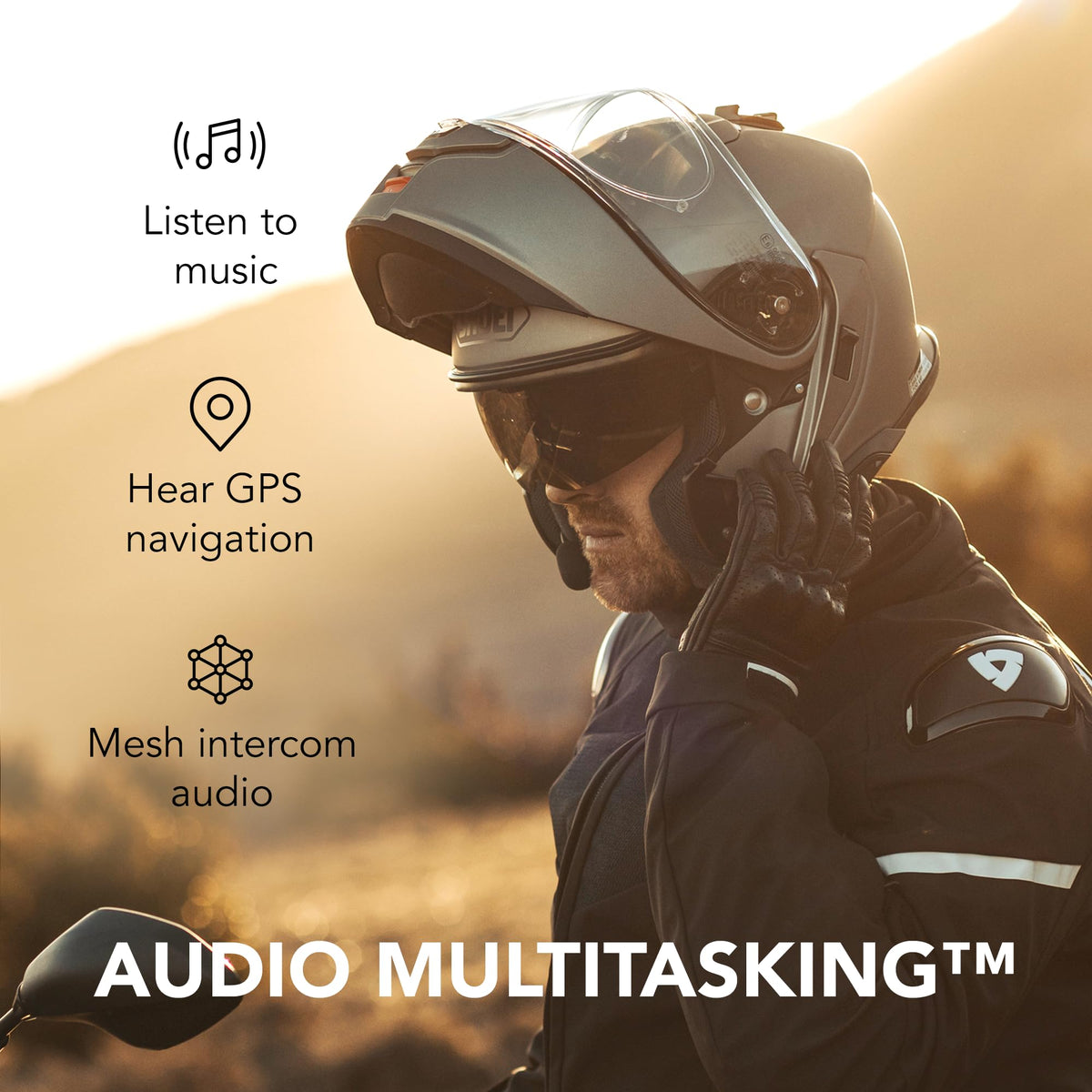 Sena SRL3 voice assistant access with Hey Google or Hey Siri.