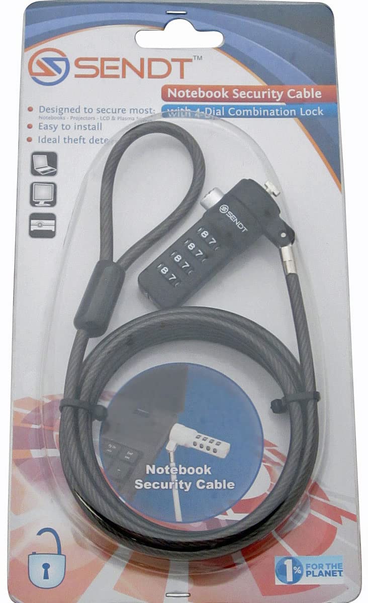 Sendt black notebook lock cable in-use on desk securing a laptop