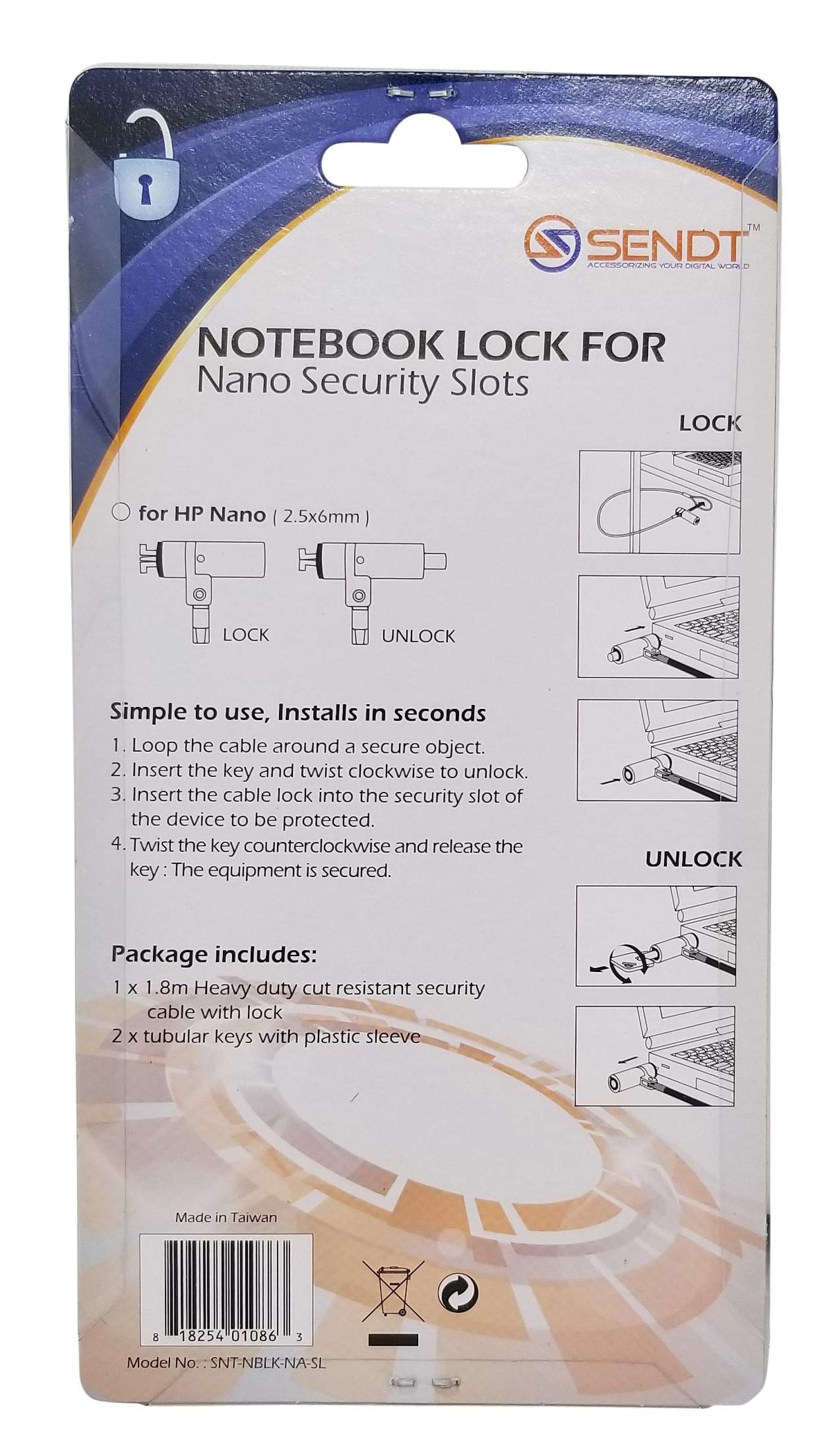 Sendt easy-install notebook lock fits nano slots for quick setup.
