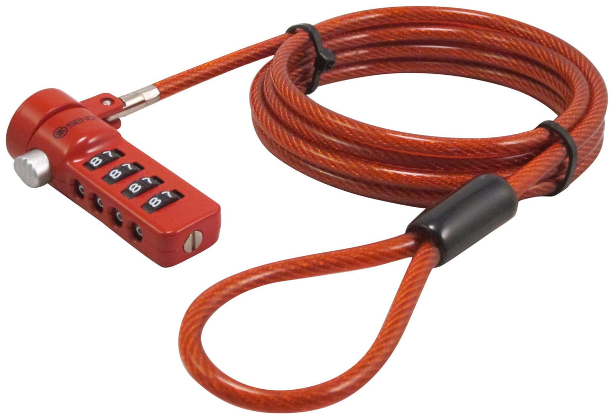 Sendt red notebook lock securely fastened to a laptop in a cafe