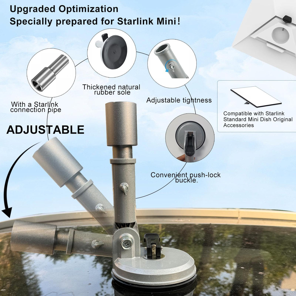 SENIKO detail of connecting pipe demonstrating direct Starlink Mini compatibility