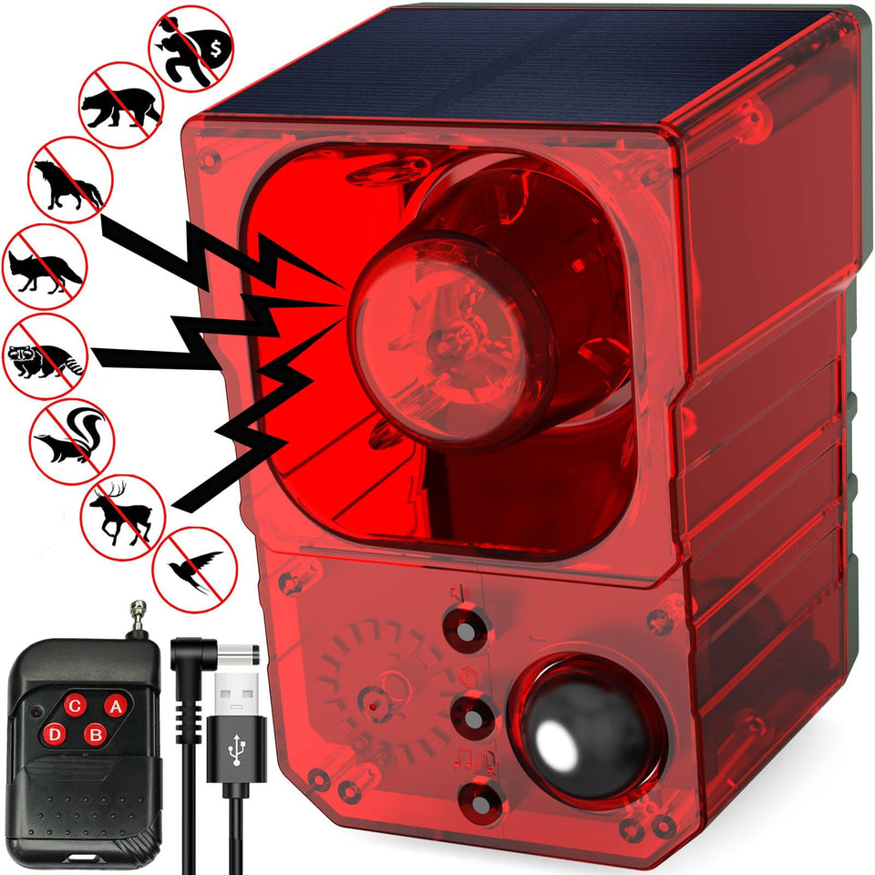 SENKEFEI SS solar outdoor motion sensor alarm, front view deters intruders with 129dB siren.