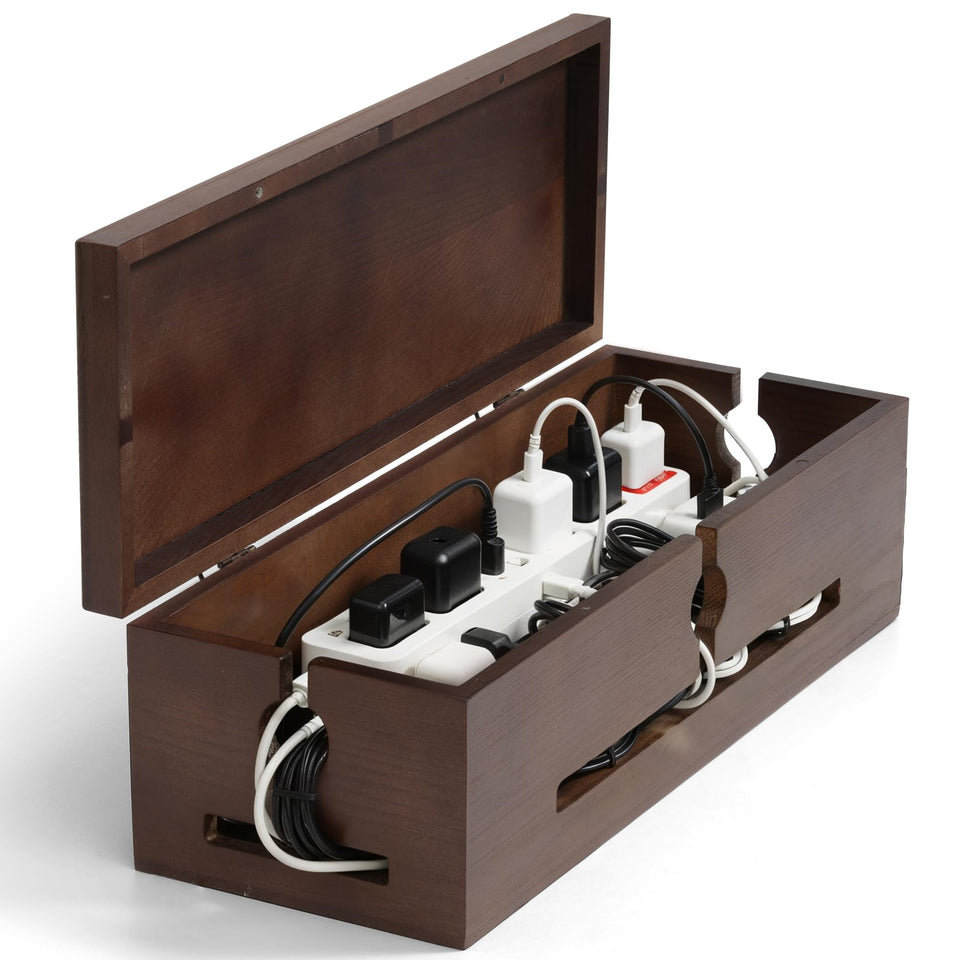 SenlanMot wooden cable box front view showing clean aesthetic and hidden cords