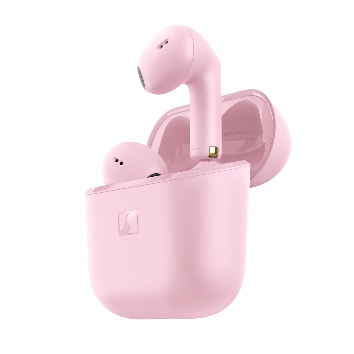 Sennheiser ACCENTUM Open front view showing pink earbuds and benefit of clear design