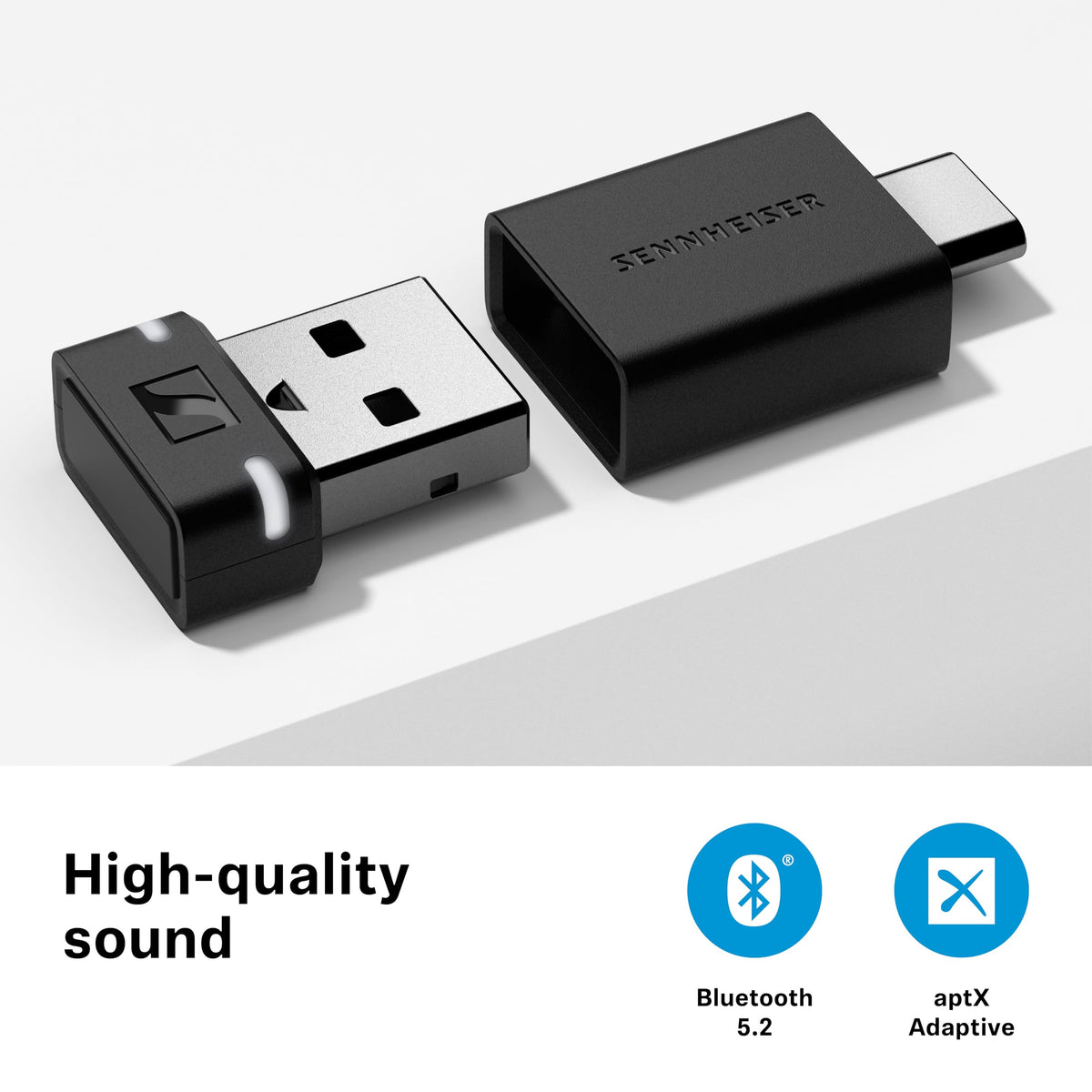 Sennheiser BTD 600 USB-C adapter detail for versatile port compatibility benefit flexible use
