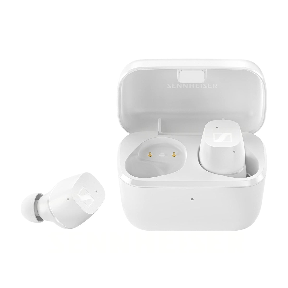Sennheiser CX True Wireless charging case shown for on-the-go charging and storage